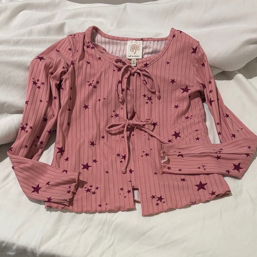 Self Esteem 8 Pink Star Patterned Tie-Front Top with matching tank nwot twin set